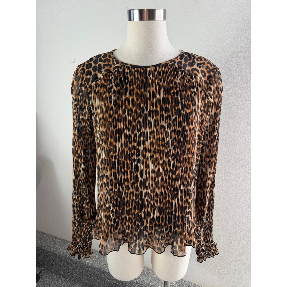 NEW Express Womens Small Leopard Print Pleated Long Sleeve Blouse Animal Print